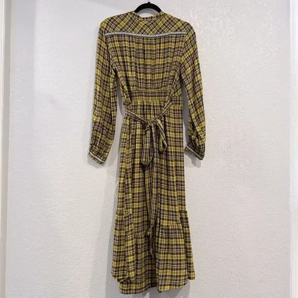 Anthropologie Dalton Wrap Maxi Dress Plaid Mustard Yellow Academia Fall Medium - Picture 3 of 16